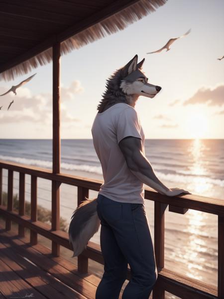 35514-3356316511-A Long Shot,Profile Shot, A dashing male wolf furry in a casual t-shirt and jeans leans against the railing of a boardwalk overl.png